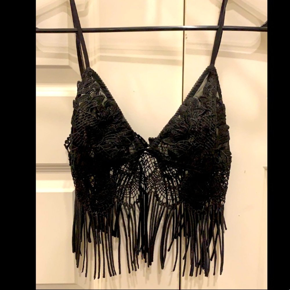 Small black laced and fringe crop top